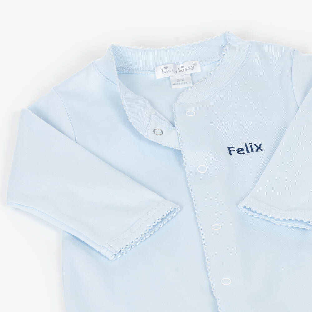 Kissy Kissy-Personalised Blue Pima Cotton Babygrow | Childrensalon