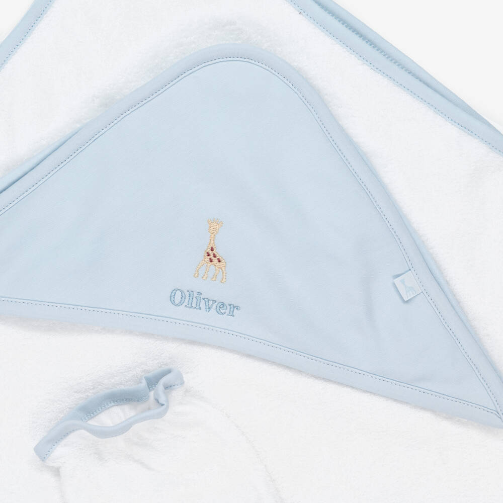 Kissy Kissy-Personalised White & Blue Cotton Hooded Towel & Mitt Set | Childrensalon