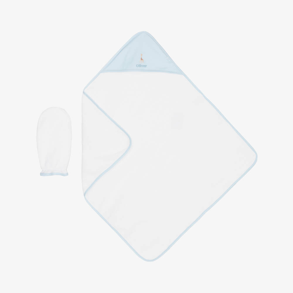 Kissy Kissy-Personalised White & Blue Cotton Hooded Towel & Mitt Set | Childrensalon