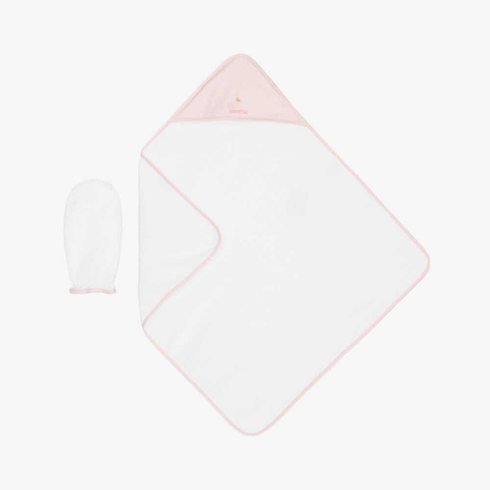 Kissy Kissy-Personalised White & Pink Cotton Hooded Towel & Mitt Set | Childrensalon