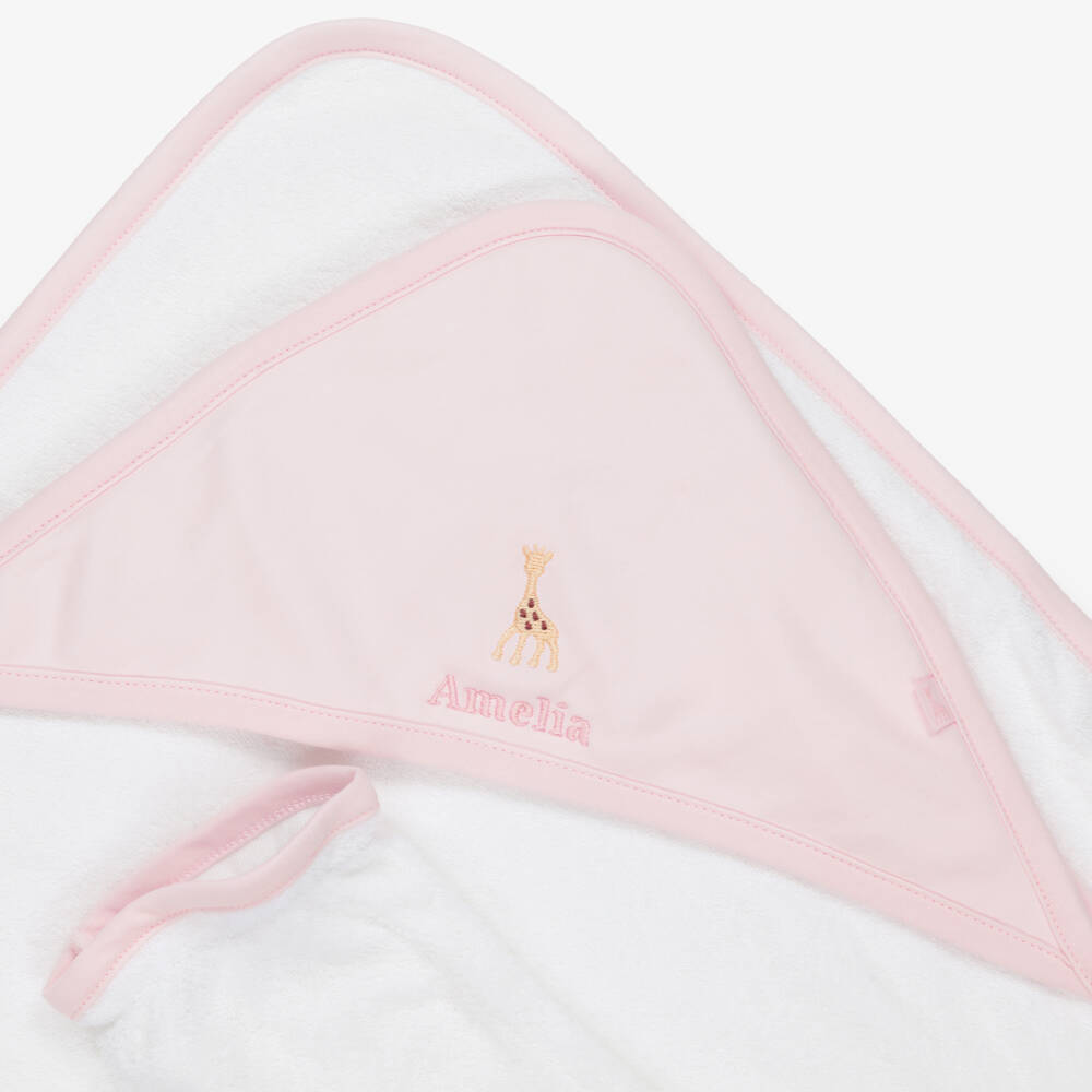 Kissy Kissy-Personalised White & Pink Cotton Hooded Towel & Mitt Set | Childrensalon