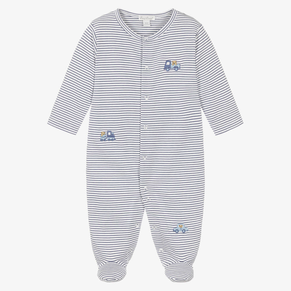 Kissy Kissy-Striped Blue Bears On The Go Pima Cotton Babygrow | Childrensalon