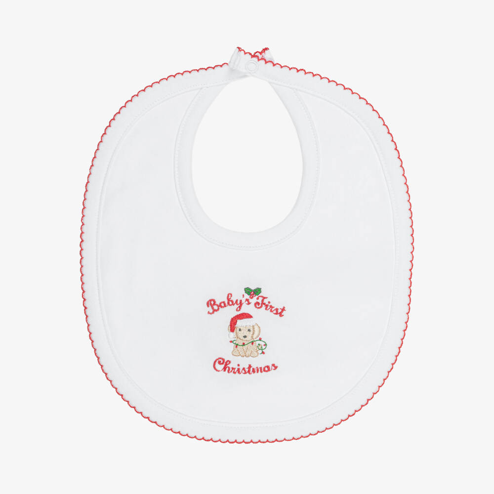 Kissy Kissy-White Baby's First Christmas Bib in Pima Cotton | Childrensalon