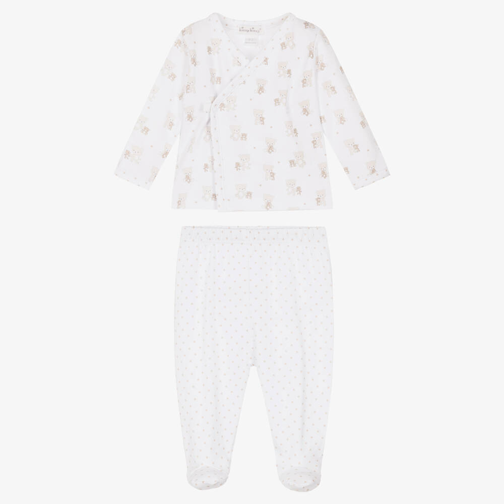Kissy Kissy-White & Beige Pima Cotton Teddy Bear Love 2 Piece Babygrow | Childrensalon