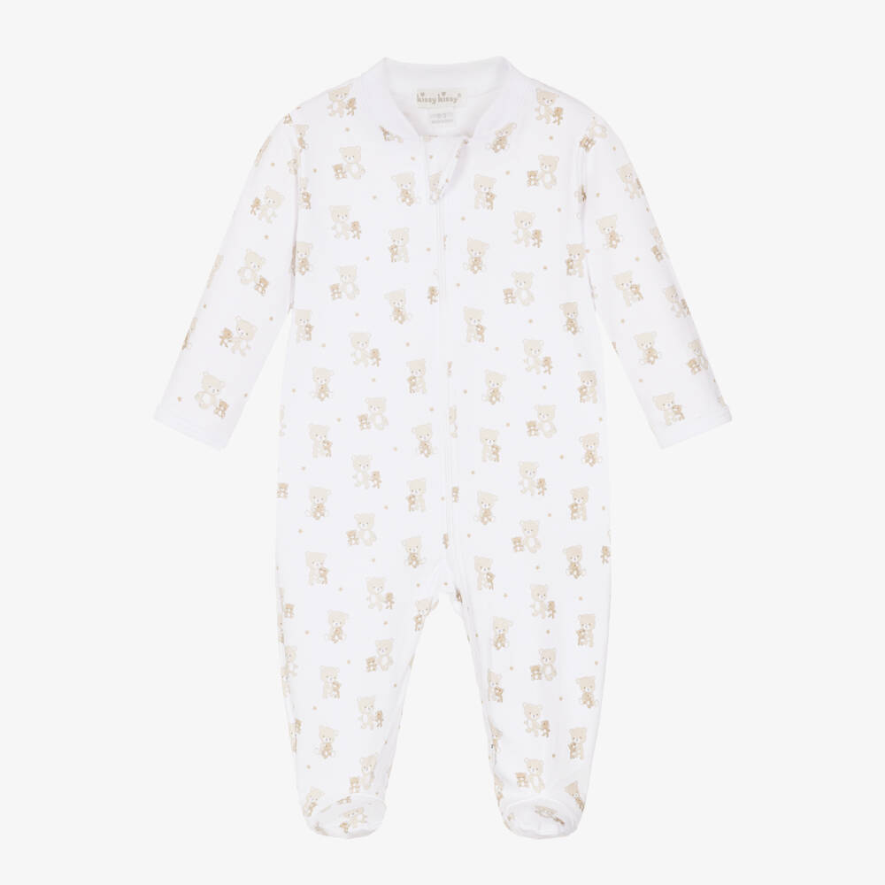 Kissy Kissy-White & Beige Pima Cotton Teddy Bear Love Babygrow | Childrensalon