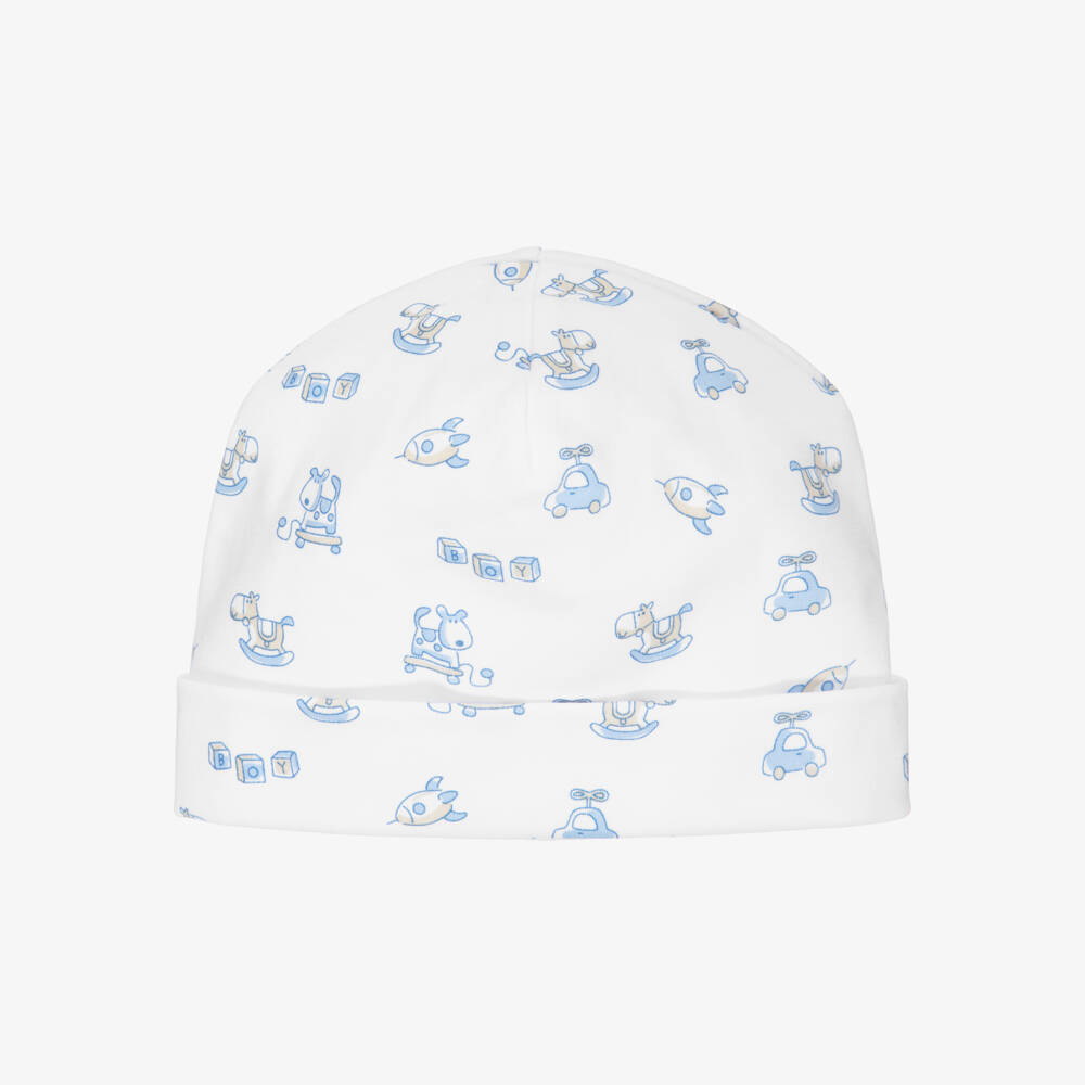 Kissy Kissy-White & Blue Pima Cotton Vintage Toy Fun Print Hat | Childrensalon