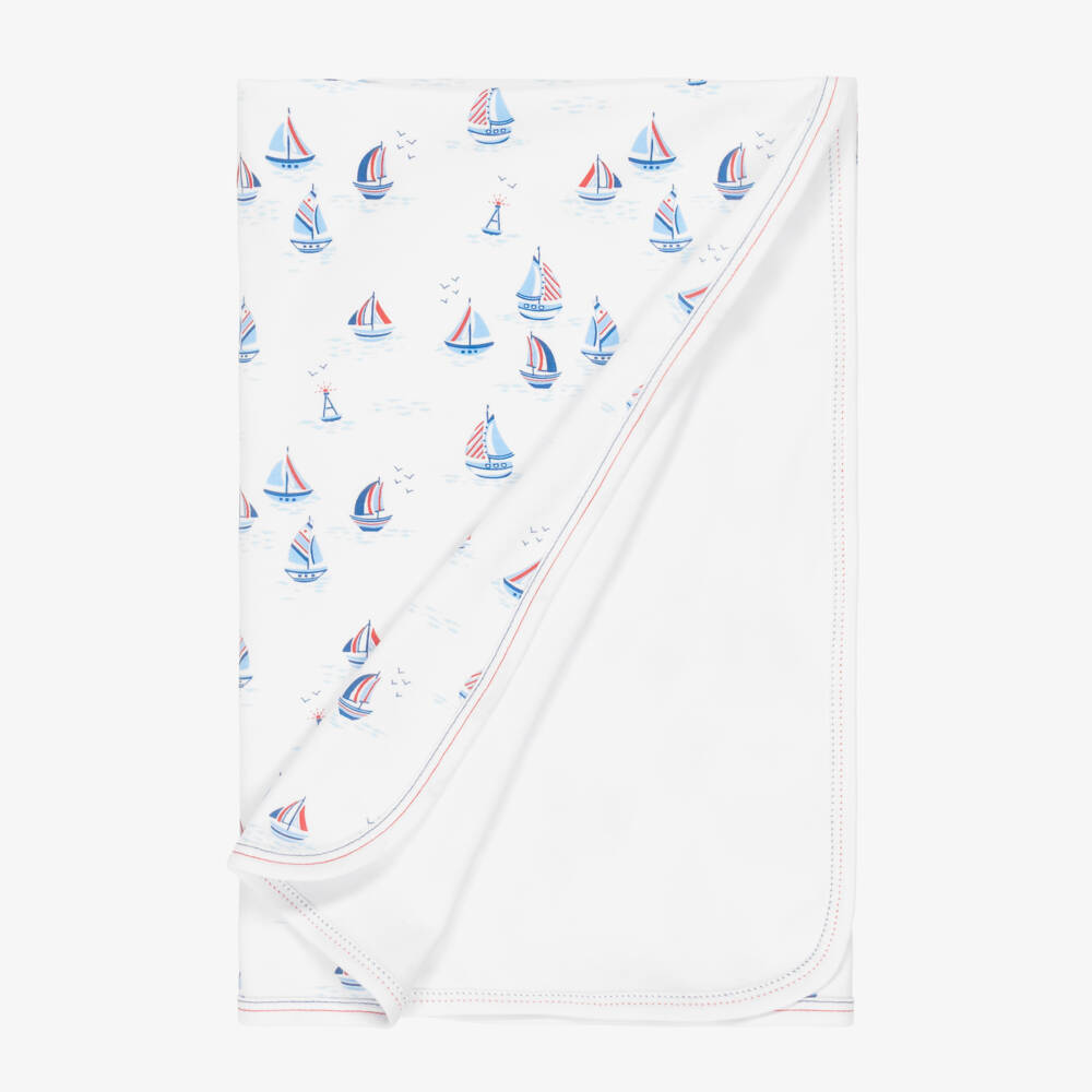 Kissy Kissy-White & Blue Regatta Print Pima Cotton Baby Blanket (74cm) | Childrensalon