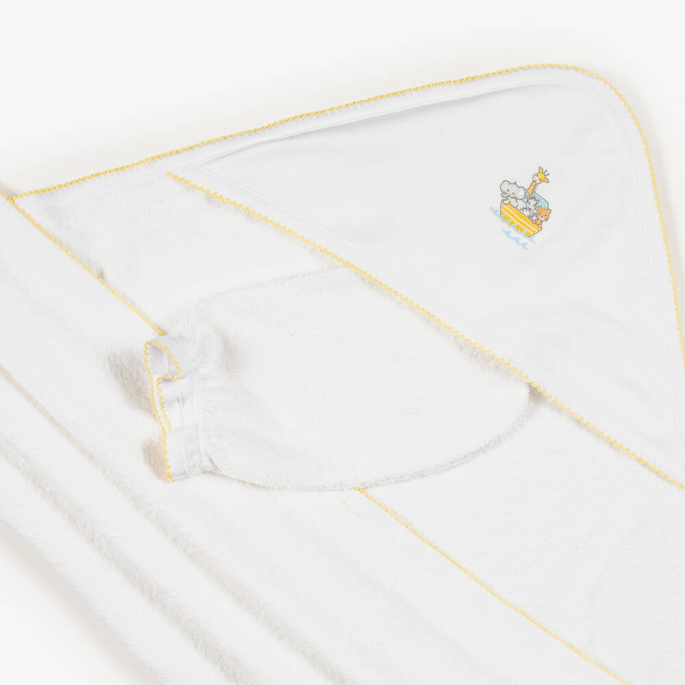 Kissy Kissy-White Cotton Noahs Journey Hooded Towel & Mitt Set | Childrensalon