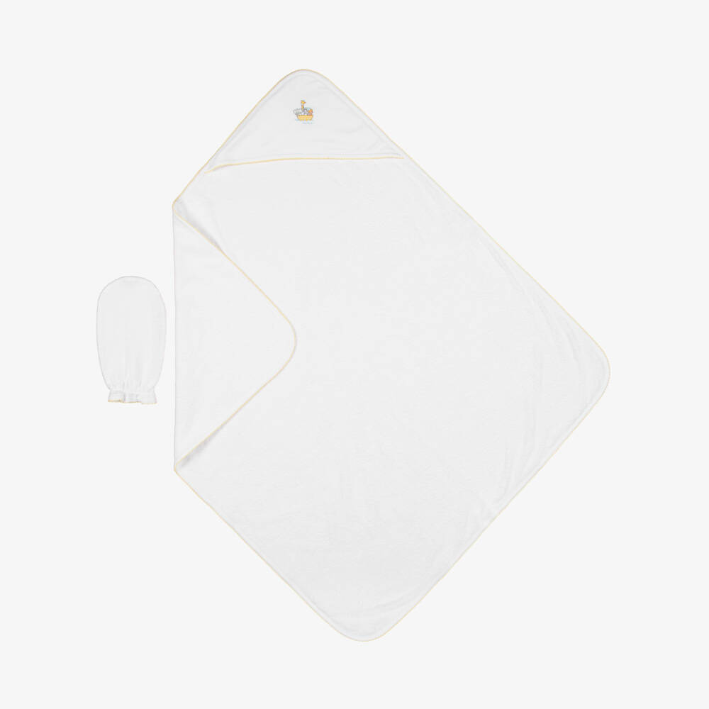 Kissy Kissy-White Cotton Noahs Journey Hooded Towel & Mitt Set | Childrensalon