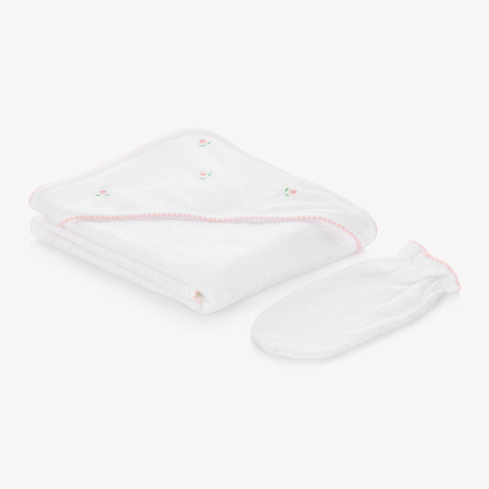 Kissy Kissy-White Cotton Roses Hooded Towel & Mitt Set | Childrensalon