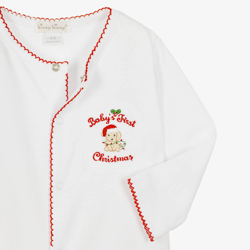Kissy Kissy-White First Christmas Pima Cotton Babygrow | Childrensalon