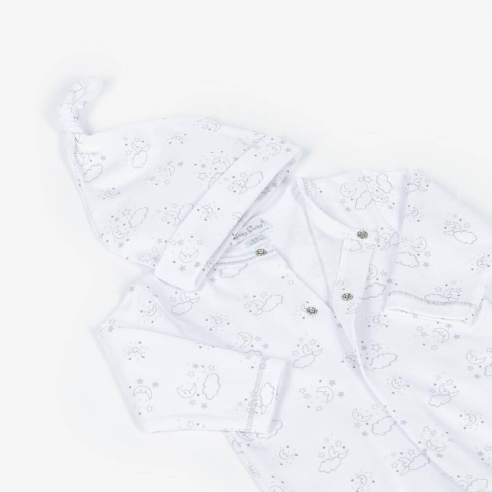 Kissy Kissy-White & Grey Pima Cotton Cheerful Good Night Babygrow Set | Childrensalon