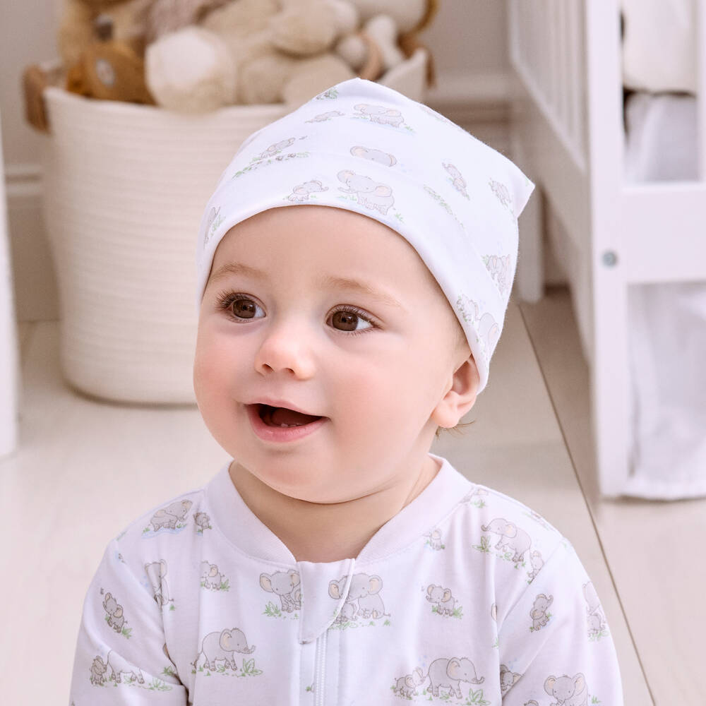 Kissy Kissy-White & Grey Pima Cotton Elephant Esprit Hat | Childrensalon