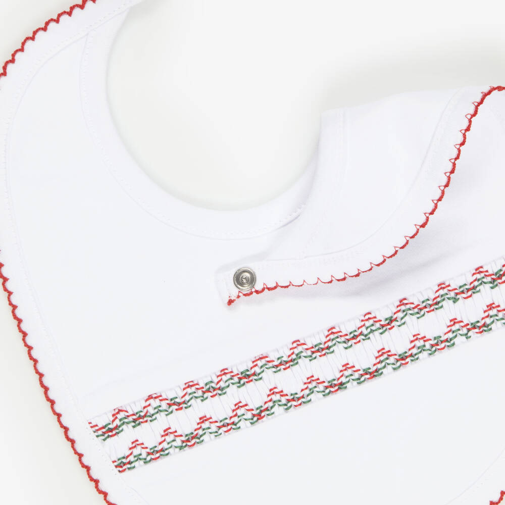 Kissy Kissy-White Hand-Smocked Christmas Bib | Childrensalon