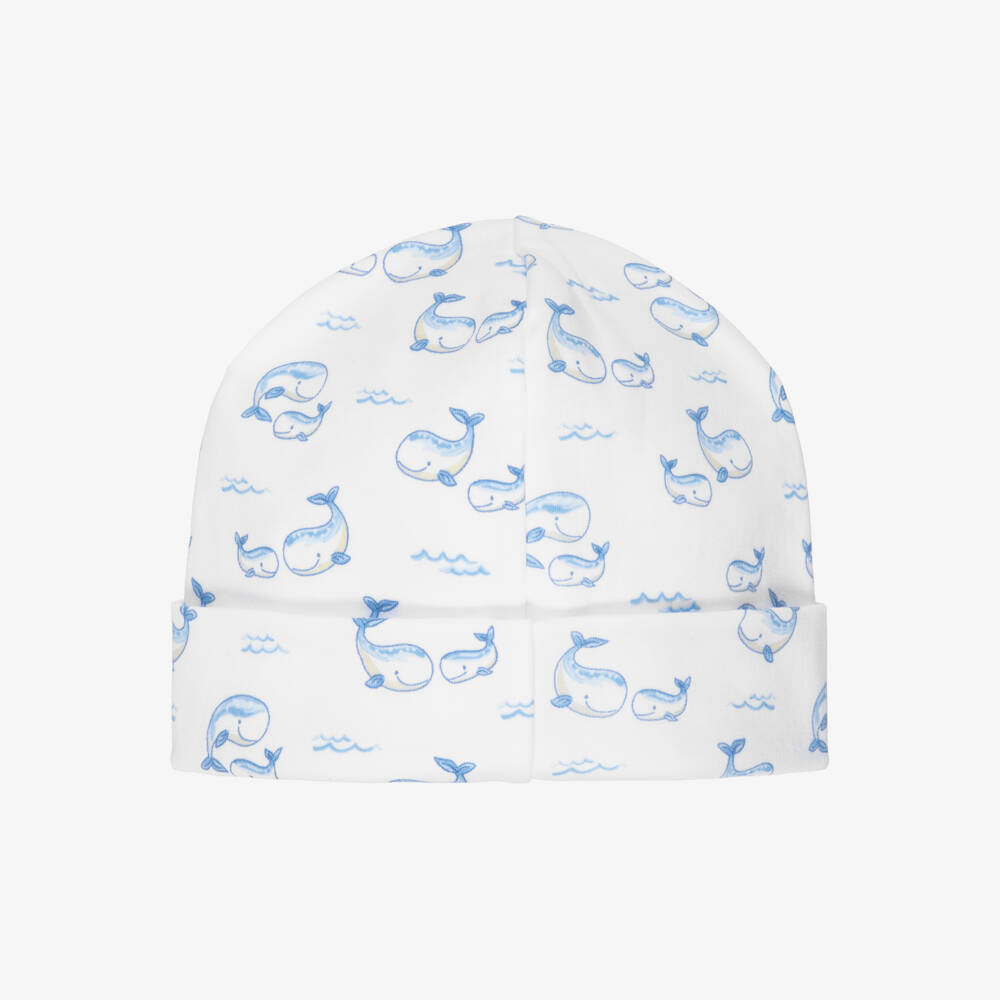 Kissy Kissy-White & Pale Blue Whale Pods Pima Cotton Hat | Childrensalon