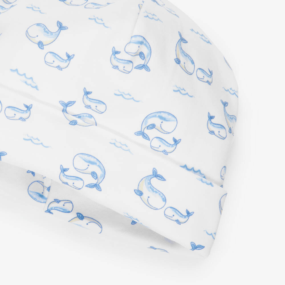 Kissy Kissy-White & Pale Blue Whale Pods Pima Cotton Hat | Childrensalon