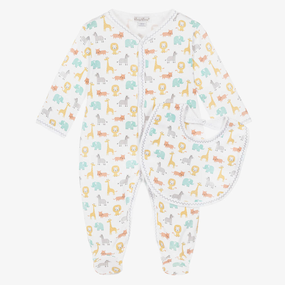 Kissy Kissy-White Pima Cotton Baby Jungle Crew Babysuit Set | Childrensalon