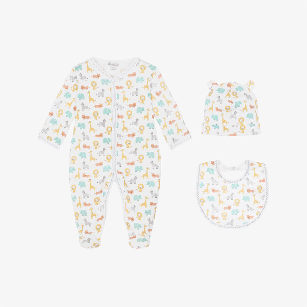 Kissy Kissy-White Pima Cotton Baby Jungle Crew Babysuit Set | Childrensalon