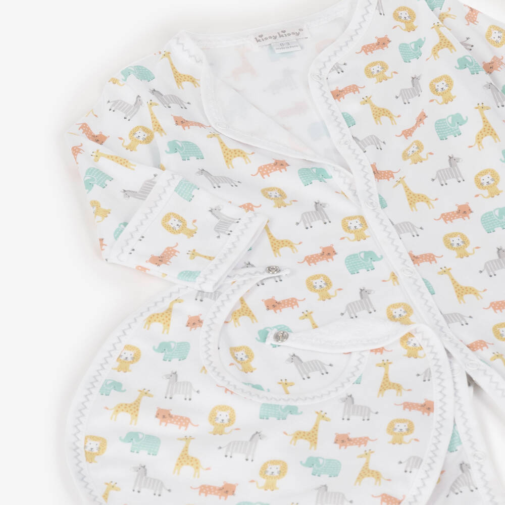 Kissy Kissy-White Pima Cotton Baby Jungle Crew Babysuit Set | Childrensalon