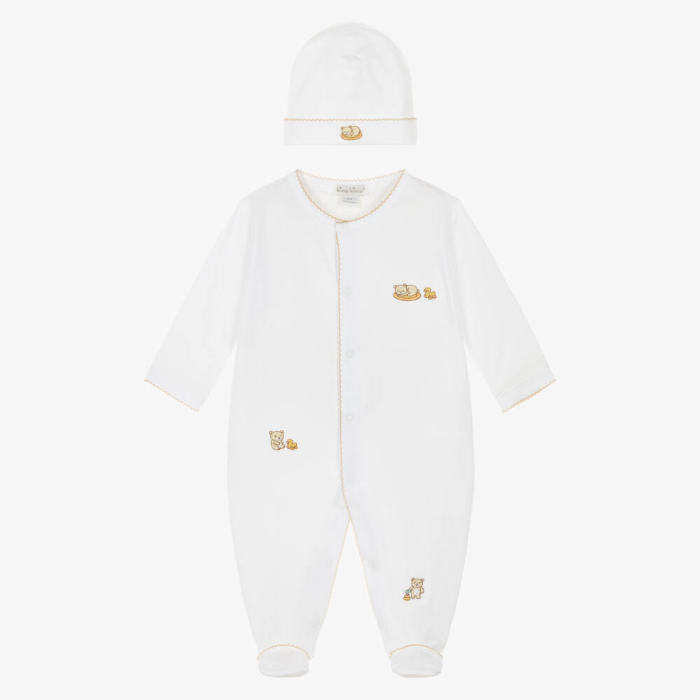 Kissy Kissy-White Pima Cotton Beary Blessed Babygrow Set  | Childrensalon