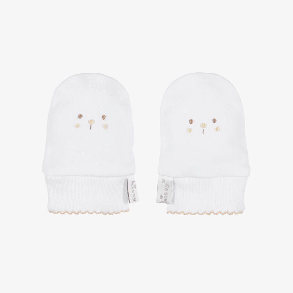 Kissy Kissy-White Pima Cotton Beary Blessed Scratch Mitts | Childrensalon