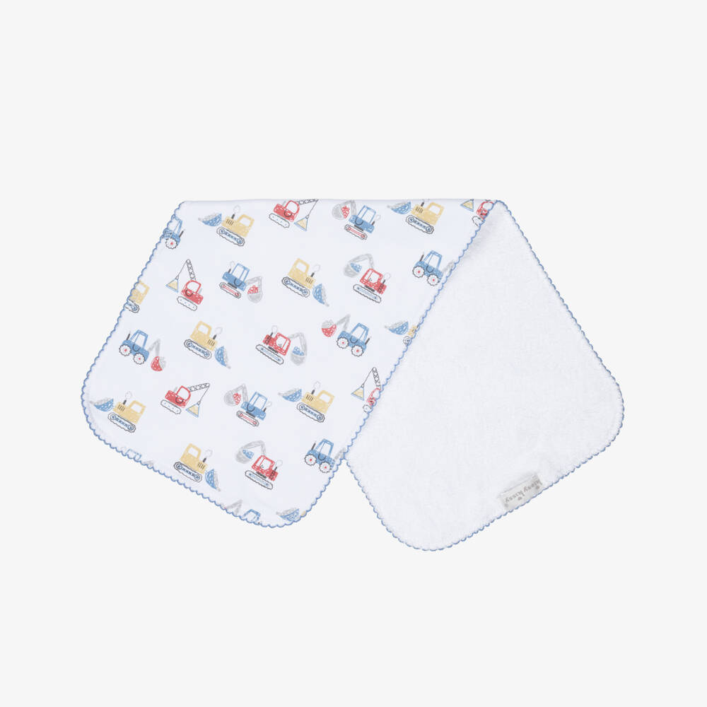 Kissy Kissy-White Pima Cotton Construstion Diggers Burp Cloth (47cm) | Childrensalon