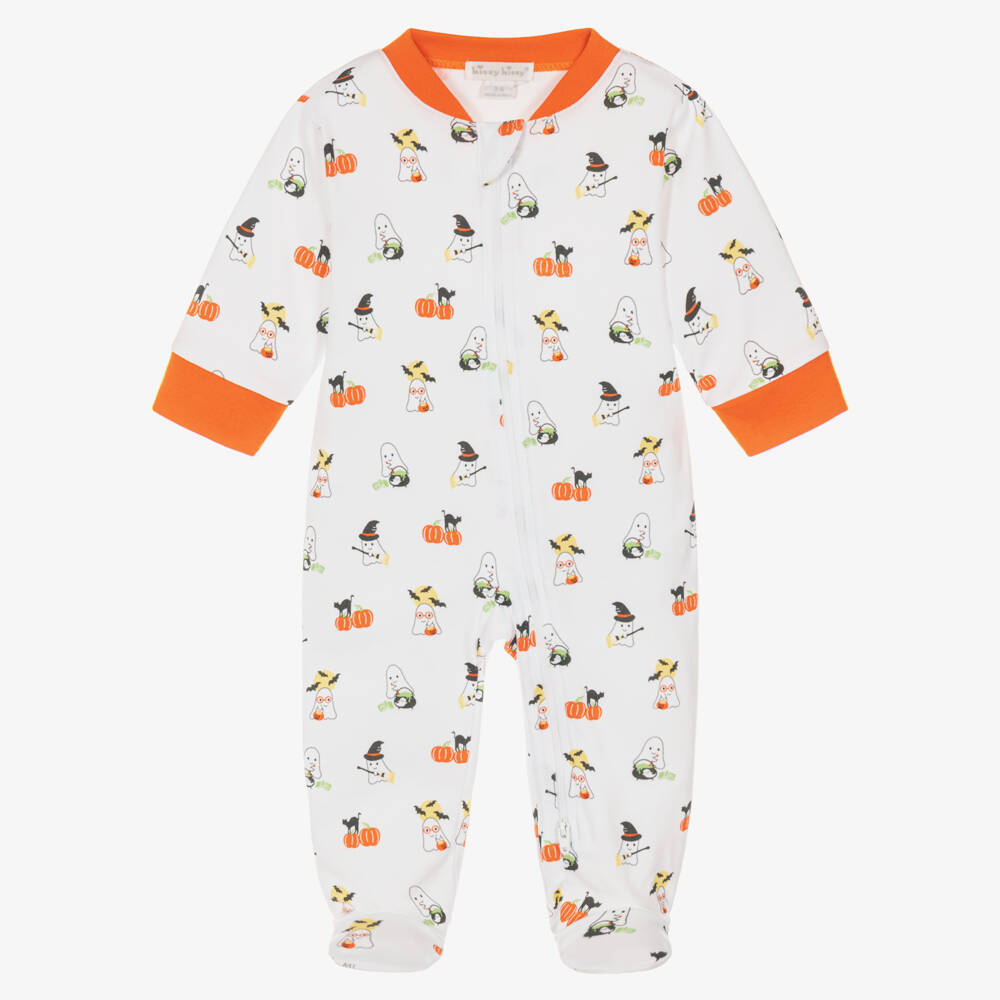 Kissy Kissy-White Pima Cotton Halloween Ghosts Print Babygrow | Childrensalon