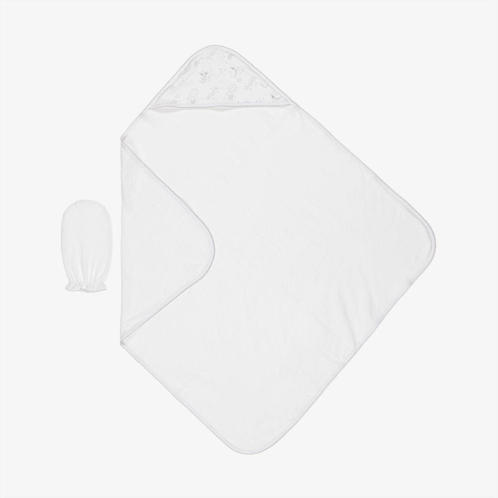 Kissy Kissy-White Pima Cotton Nightfall Hooded Towel & Mitt Set | Childrensalon