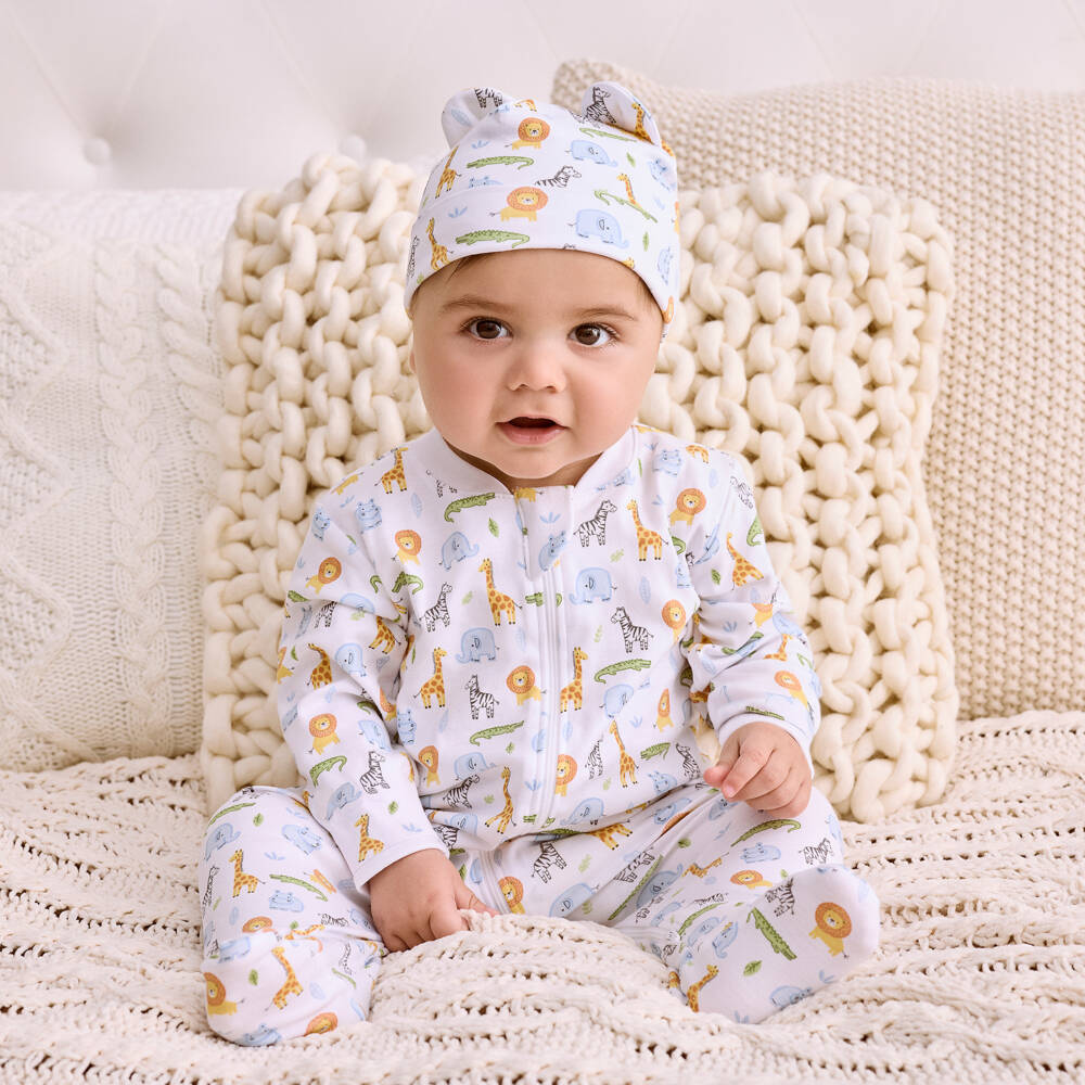 Kissy Kissy-White Pima Cotton Safari Wild Babygrow | Childrensalon