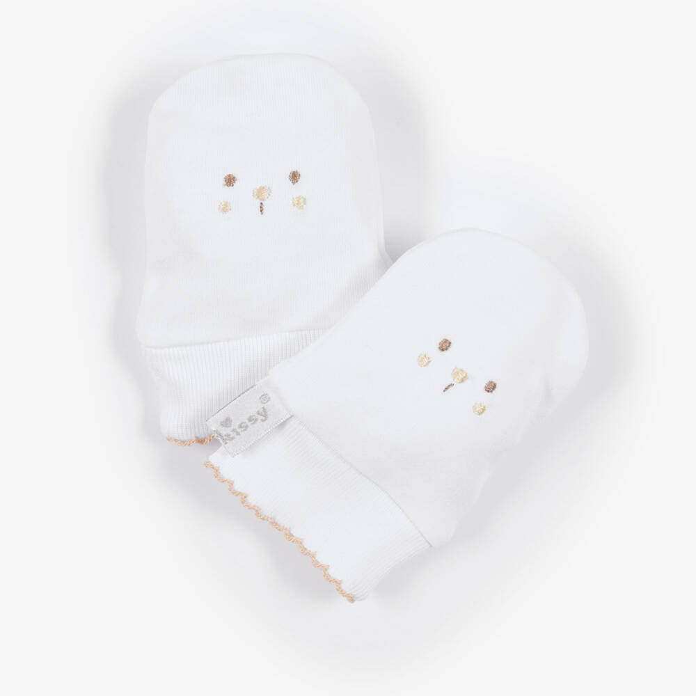 Kissy Kissy-White Pima Cotton Teddy Bear Scratch Mitts | Childrensalon