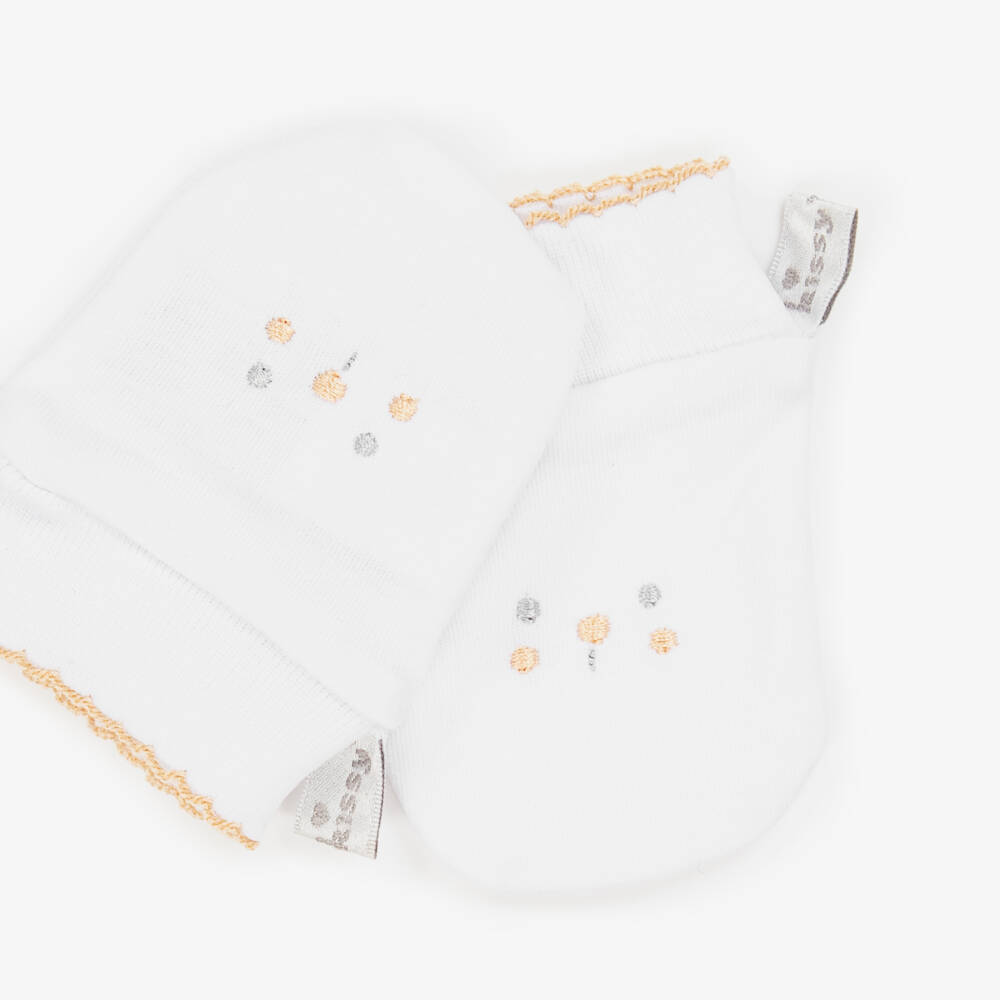 Kissy Kissy-White Pima Cotton Teddy Bear Time Scratch Mitts | Childrensalon