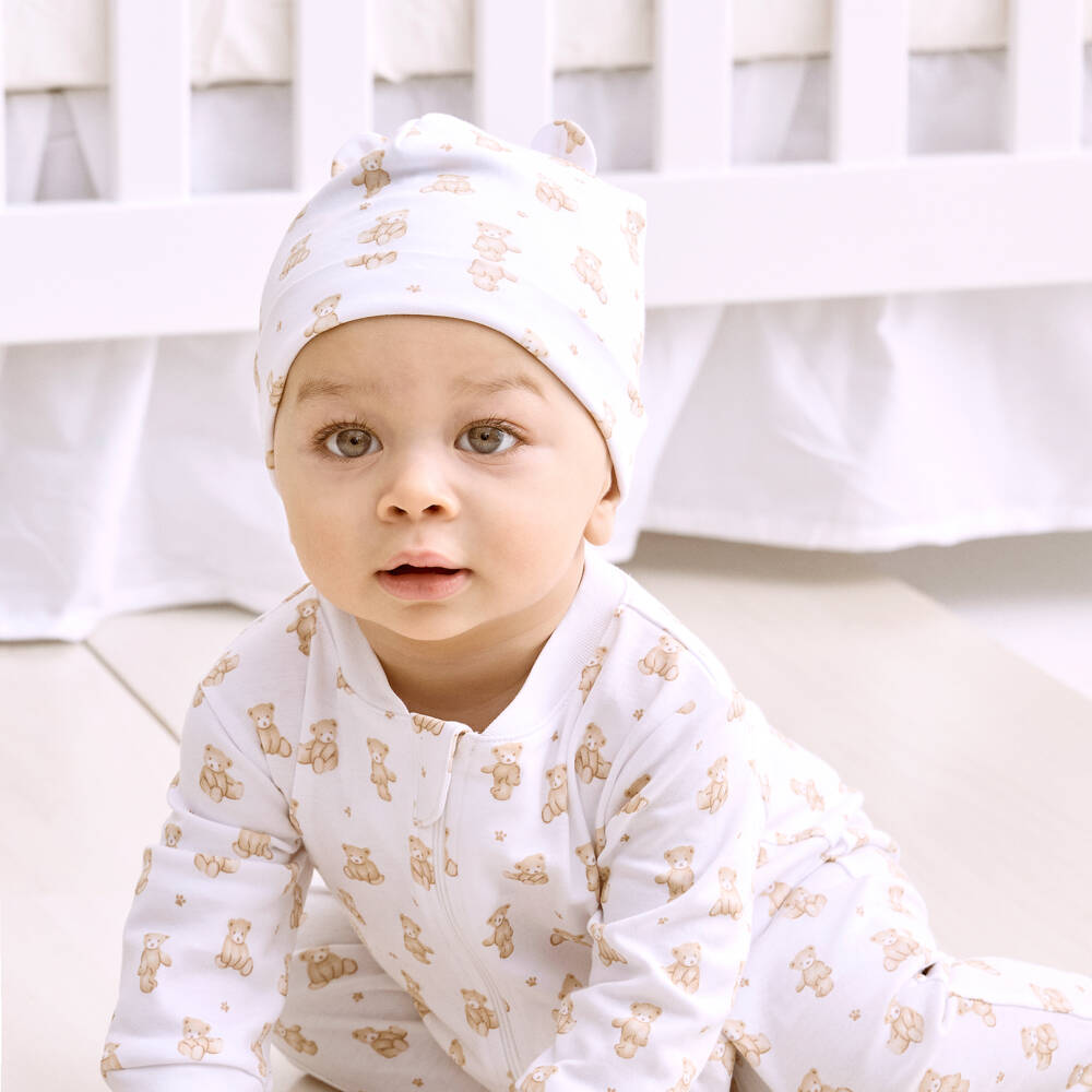 Kissy Kissy-White Pima Cotton Teddy Bear Time Zip-Up Babygrow | Childrensalon