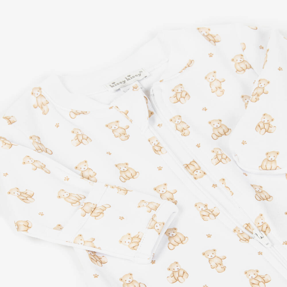 Kissy Kissy-White Pima Cotton Teddy Bear Time Zip-Up Babygrow | Childrensalon