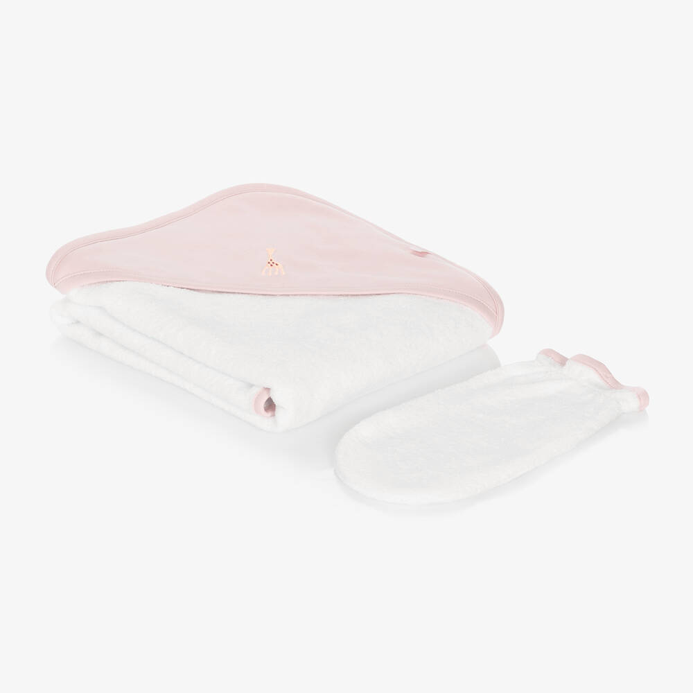 Kissy Kissy-White & Pink Cotton Hooded Towel & Mitt Set | Childrensalon
