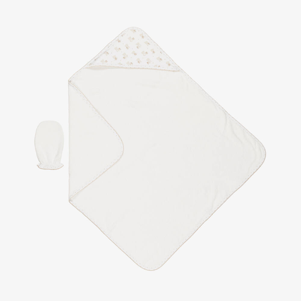 Kissy Kissy-White Teddy Bear Love Hooded Cotton Towel & Mitt Set | Childrensalon