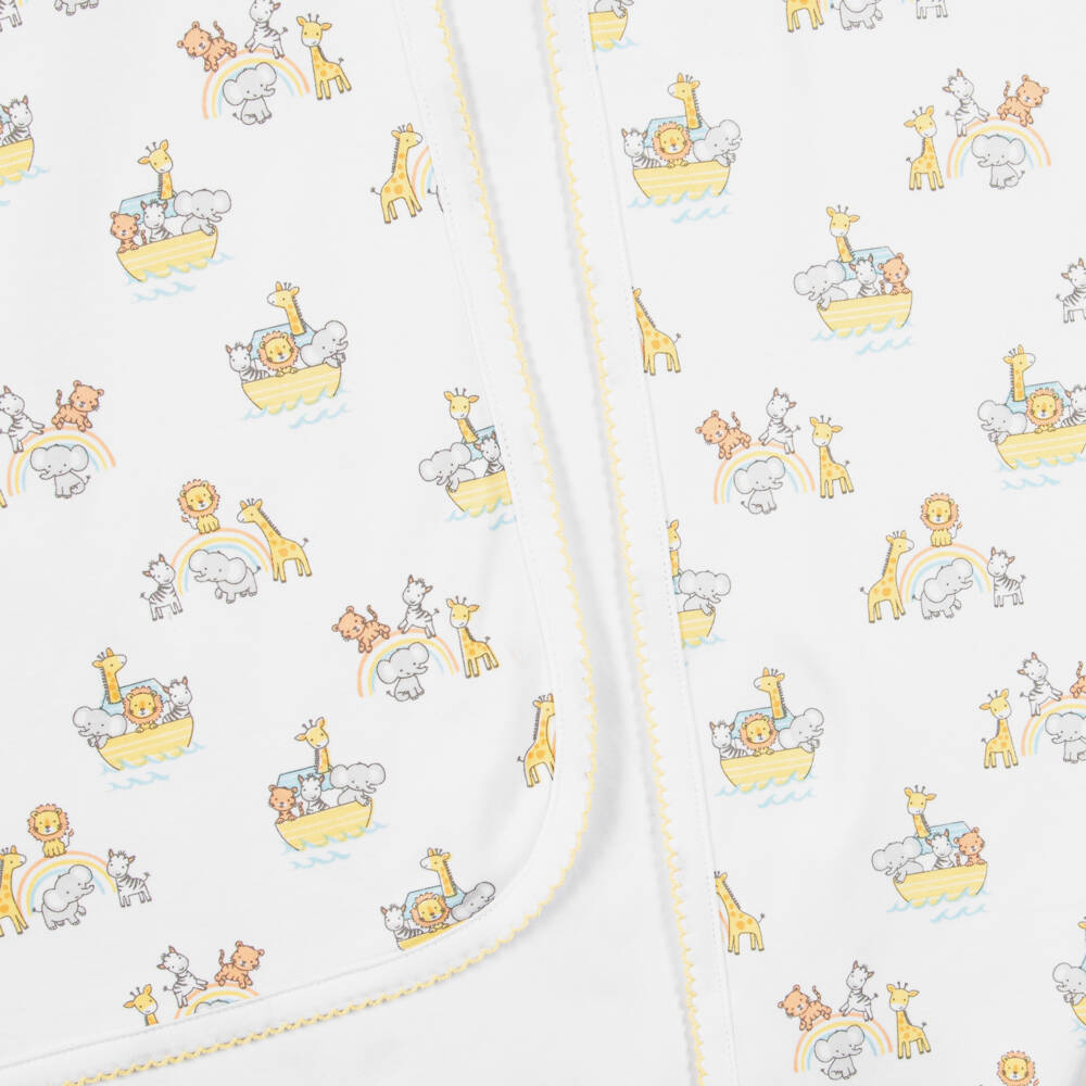Kissy Kissy-White & Yellow Noahs Journey Pima Cotton Baby Blanket (73cm) | Childrensalon