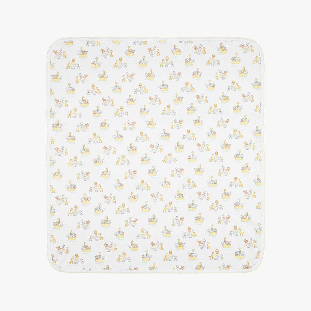 Kissy Kissy-White & Yellow Noahs Journey Pima Cotton Baby Blanket (73cm) | Childrensalon
