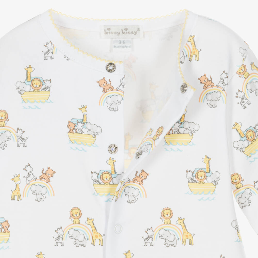 Kissy Kissy-White & Yellow Noahs Journey Pima Cotton Babygrow | Childrensalon