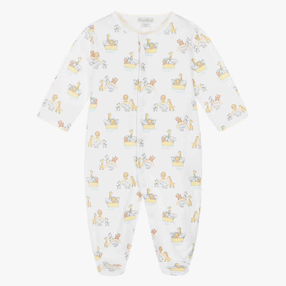 Kissy Kissy-White & Yellow Noahs Journey Pima Cotton Babygrow | Childrensalon