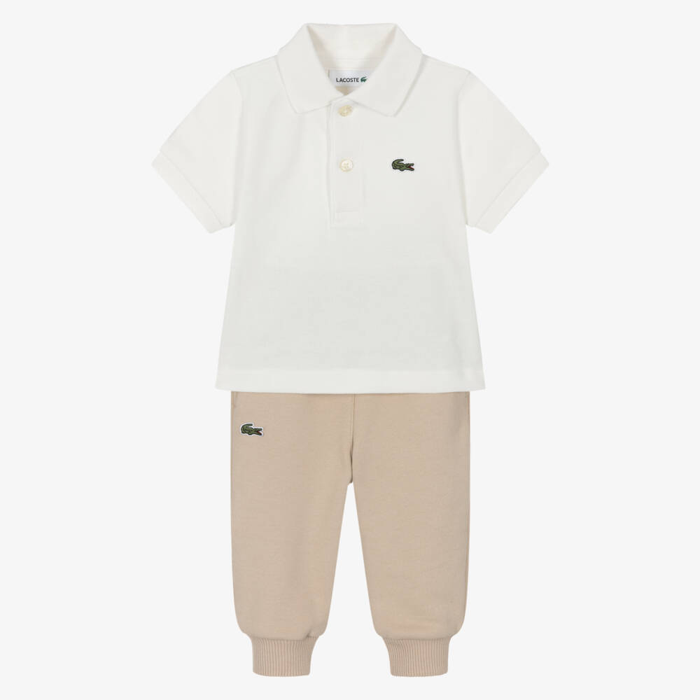Lacoste-Baby Boys Beige Cotton Joggers Set with Polo Shirt | Childrensalon