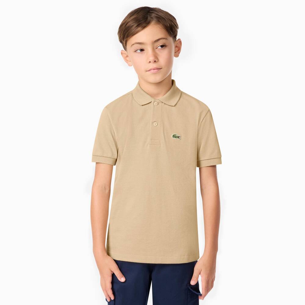 Lacoste-Boys Beige Cotton Piqué Polo Shirt with Crocodile Logo | Childrensalon