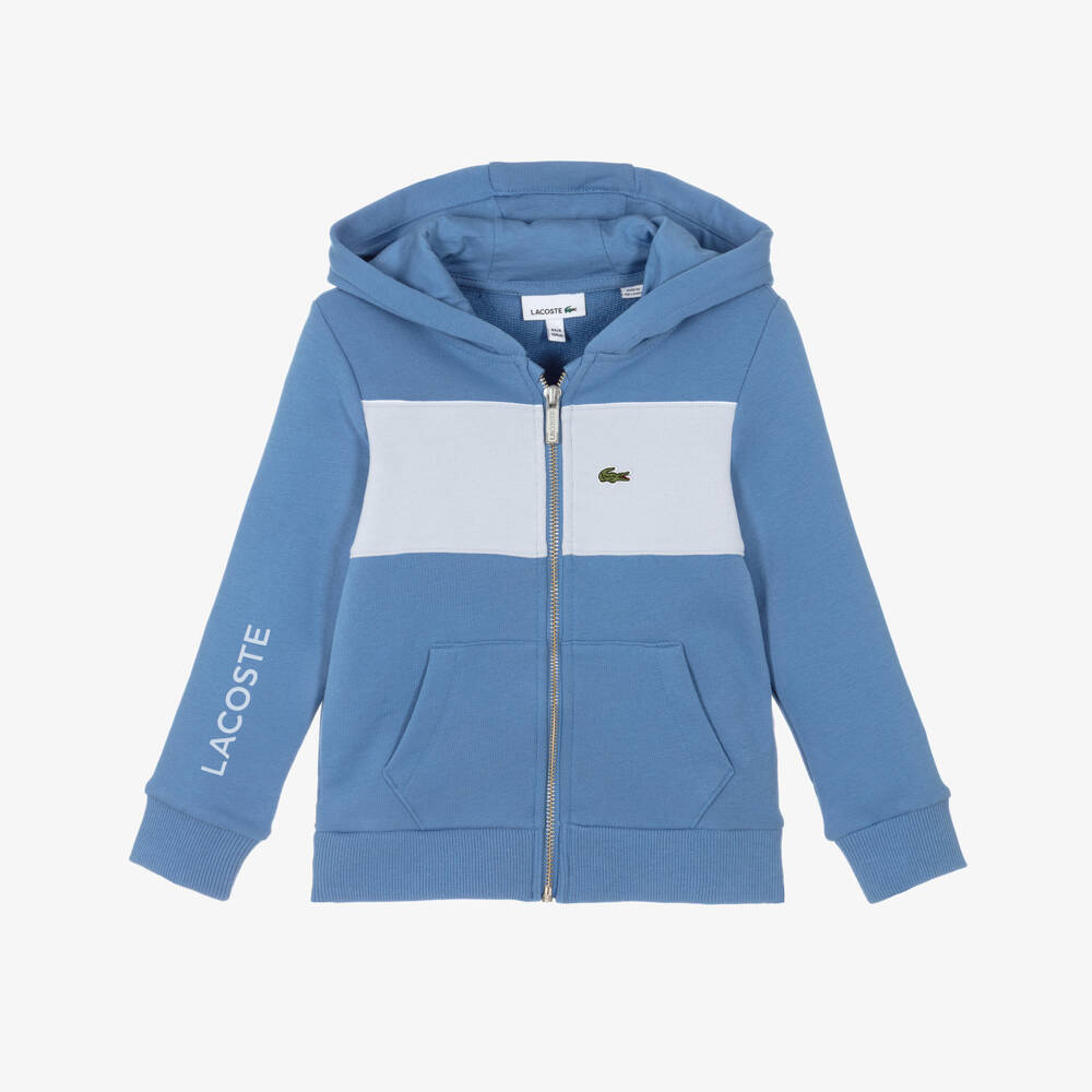 Lacoste-Boys Blue Cotton Contrast Panel Zip-Up Hooded Top | Childrensalon