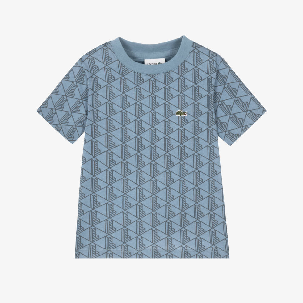 Lacoste-Boys Blue Cotton Monogram Print T-Shirt | Childrensalon