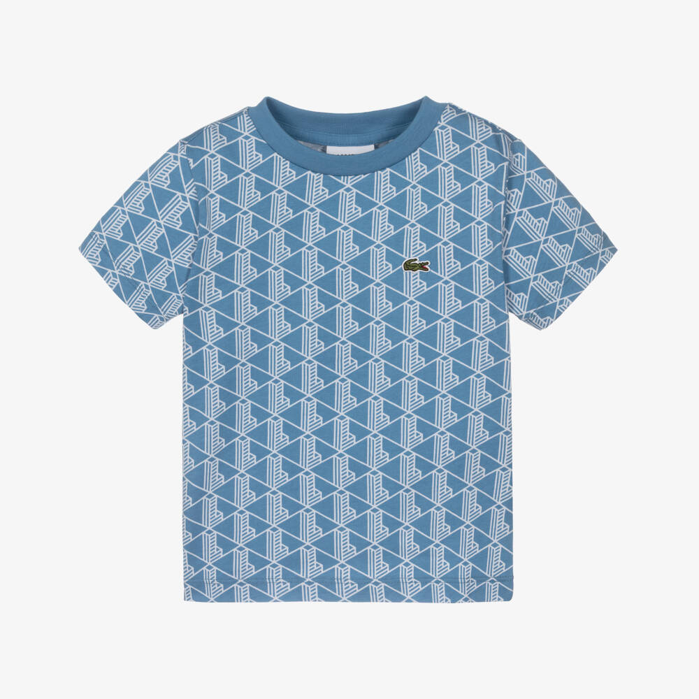 Lacoste-Boys Blue Organic Cotton Monogram Logo T-Shirt | Childrensalon