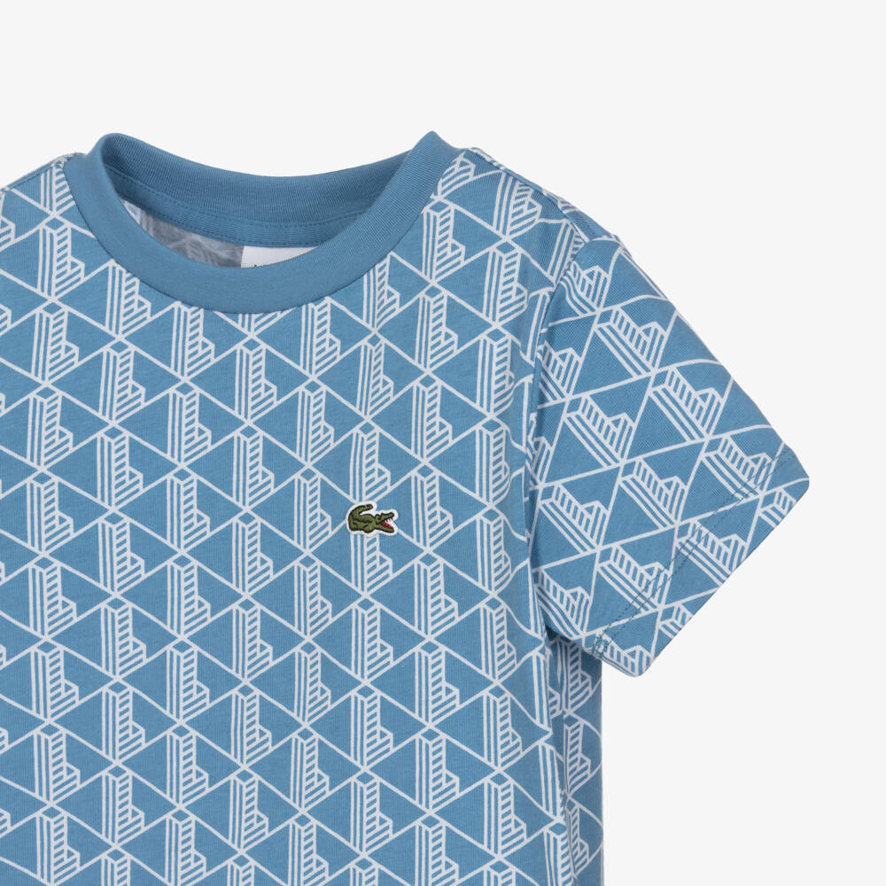 Lacoste-Boys Blue Organic Cotton Monogram Logo T-Shirt | Childrensalon