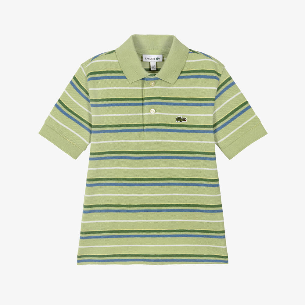 Lacoste-تيشيرت بولو قطن بيكيه مقلم لون أخضر للأولاد | Childrensalon
