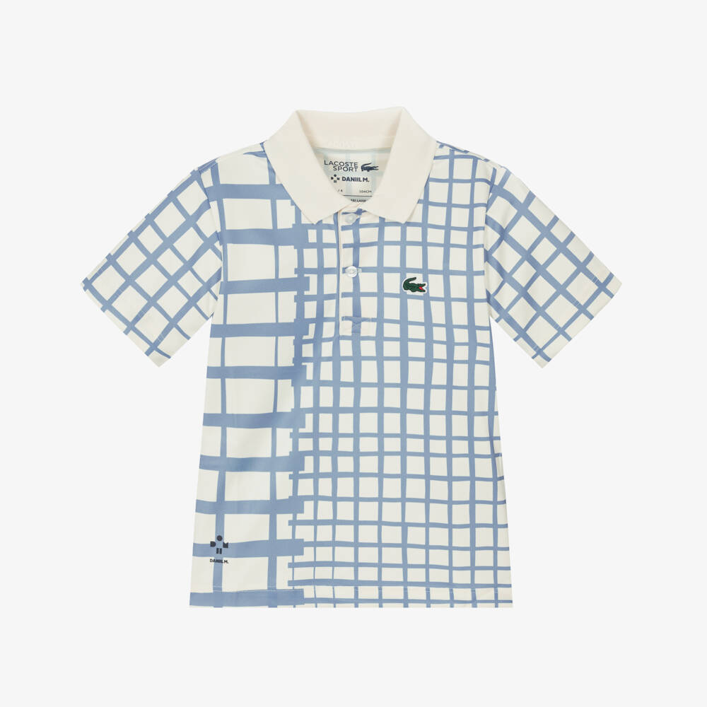 Lacoste-Boys Ivory & Blue Check Ultra Dry Polo Shirt | Childrensalon
