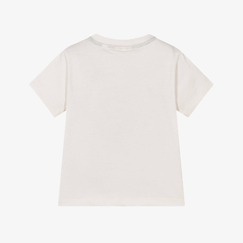 Lacoste-Boys Ivory Cotton T-Shirt with Colourful Logos | Childrensalon
