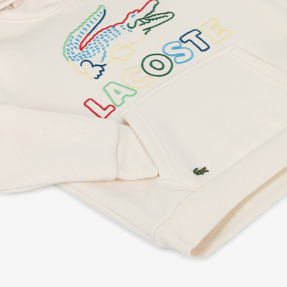 Lacoste-Boys Ivory Hoodie with Multicoloured Logo  | Childrensalon