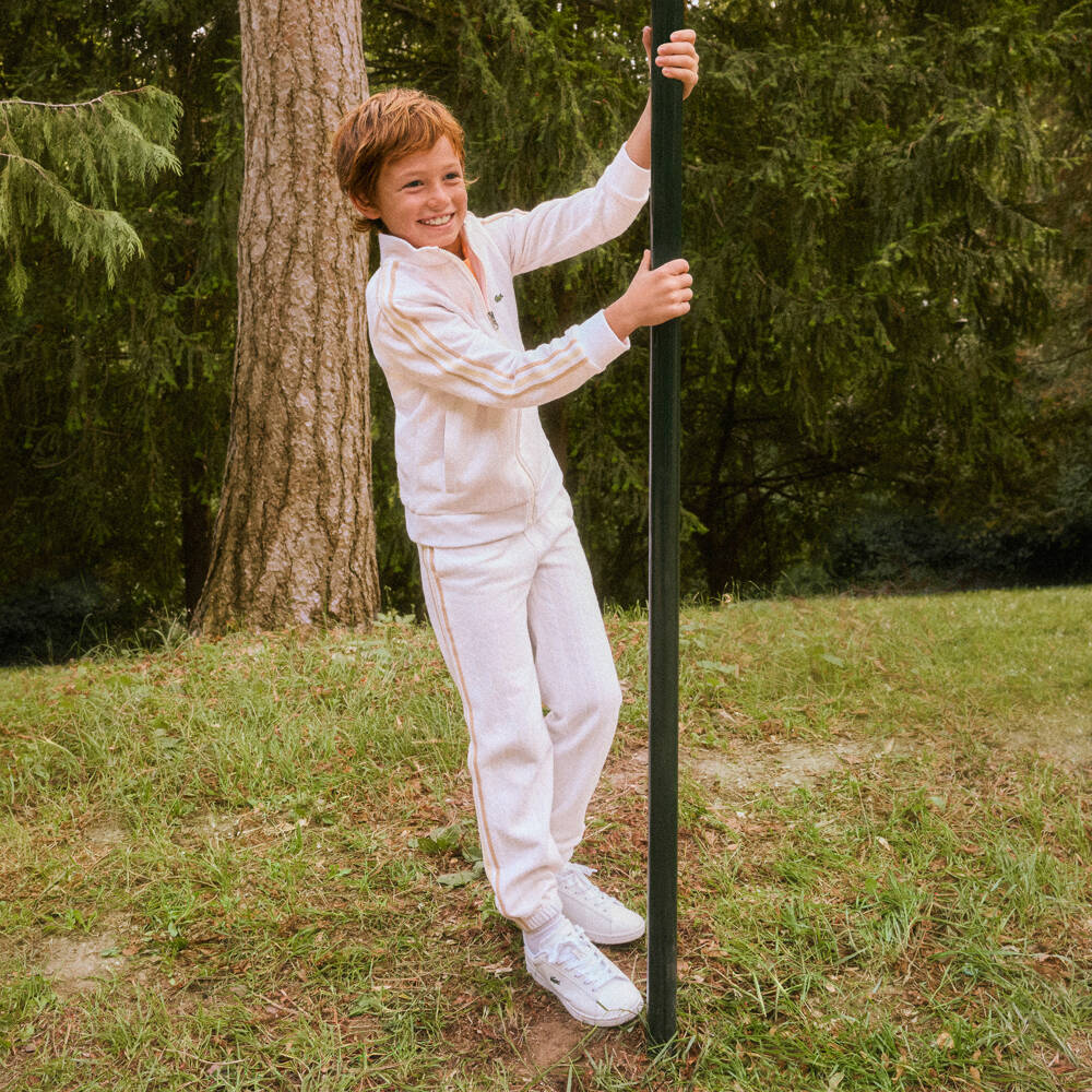 Lacoste-Boys Ivory Jacquard Petit Piqué Monogram Logo Zip-Up Top | Childrensalon